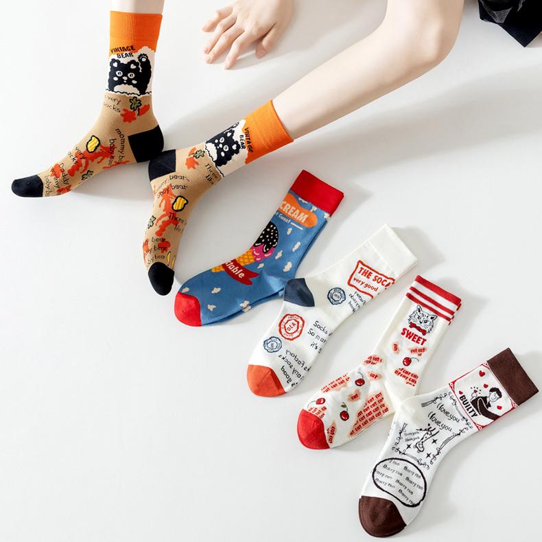 Vintage Pictorial - Mid Cotton Socks Women Non-Slip Sports Fashion 5 Pairs