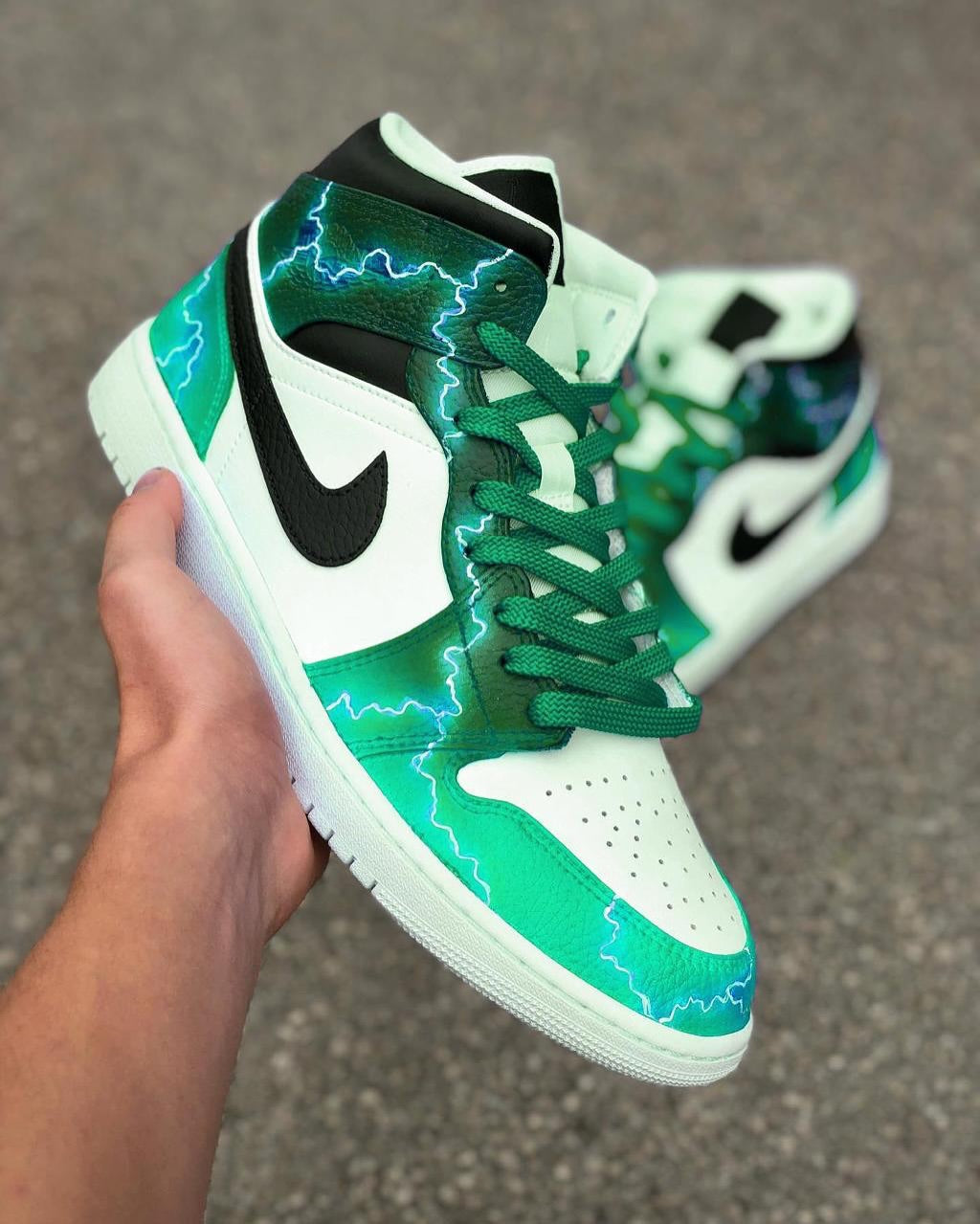 [Custom Lightning] Air Jordan 1 Mid Top Unisex Skateboarding Shoes Purple/Blue/Green