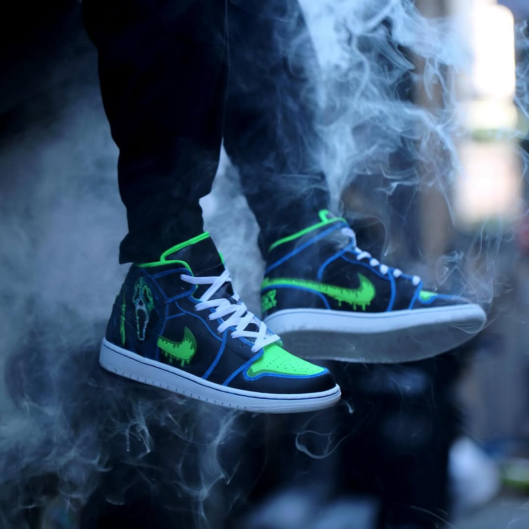 [Custom Scream] Air Jordan 1 Mid Top Unisex Skateboarding Shoes Black/Green