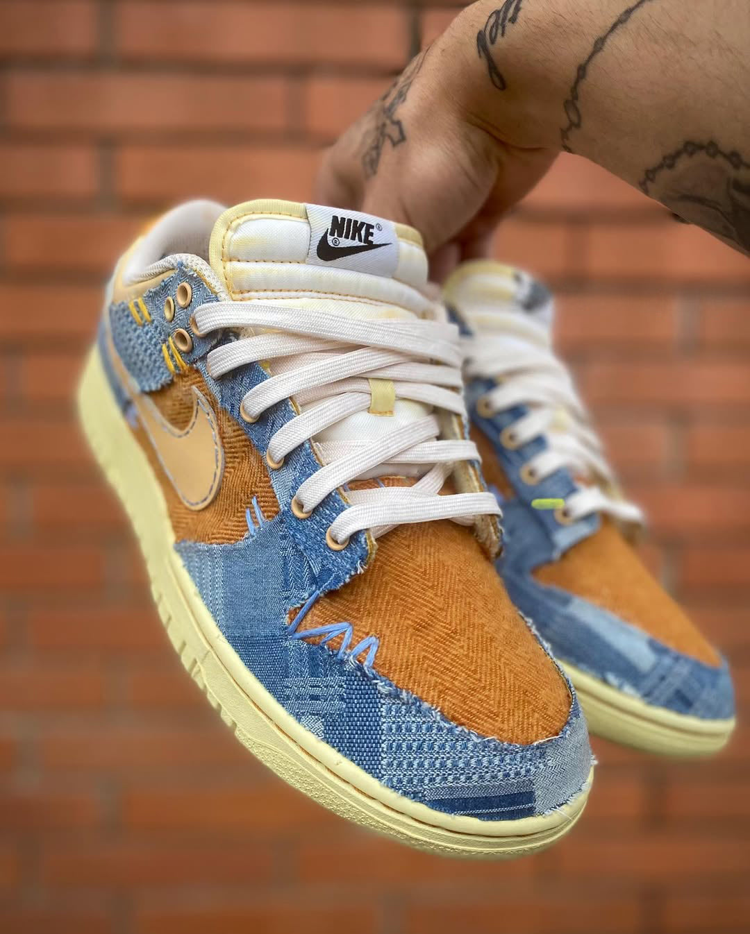 [Customized Denim Patchwork] Dunk Low-top Shoes Unisex Denim Style Blue/Brown