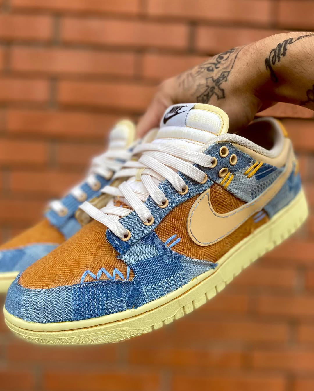 [Customized Denim Patchwork] Dunk Low-top Shoes Unisex Denim Style Blue/Brown