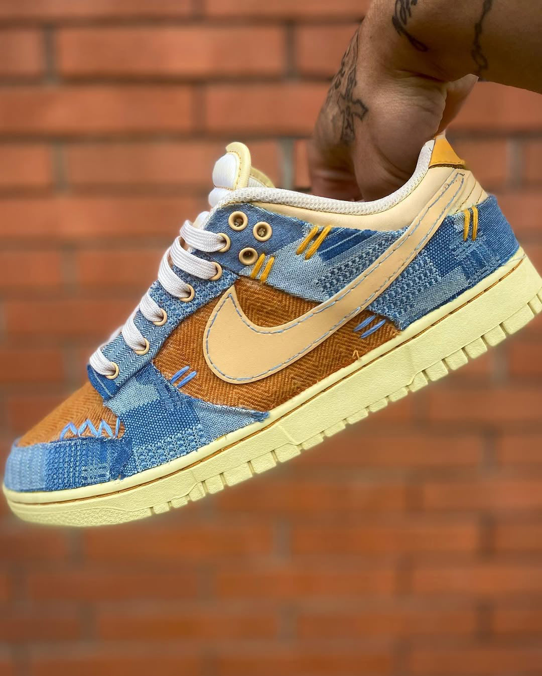 [Customized Denim Patchwork] Dunk Low-top Shoes Unisex Denim Style Blue/Brown