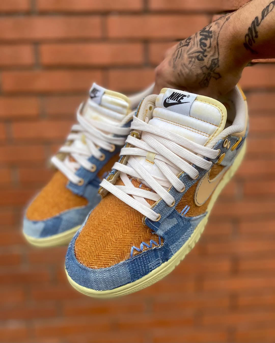 [Customized Denim Patchwork] Dunk Low-top Shoes Unisex Denim Style Blue/Brown