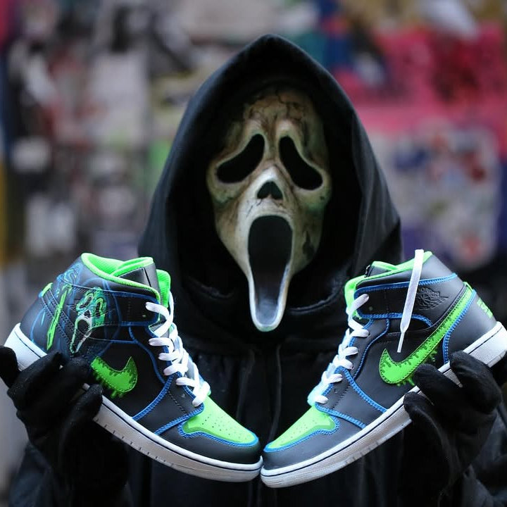 [Custom Scream] Air Jordan 1 Mid Top Unisex Skateboarding Shoes Black/Green