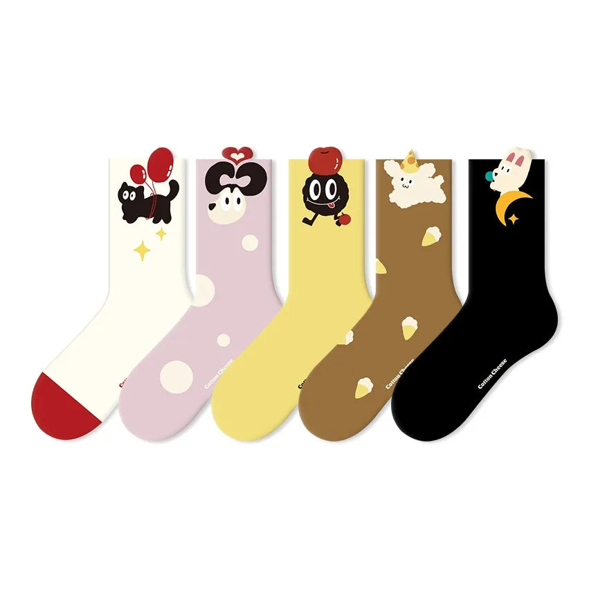 Cute Cartoon Moisture Transferring & Sweat Transferring Comfortable & Breathable Mid Calf Socks 5 Pairs