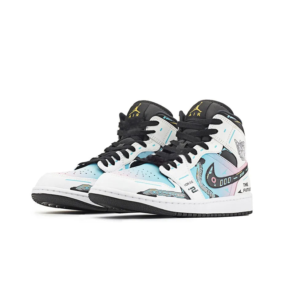 [Custom Cyber Cotton Candy] Jordan Air Jordan 1 Mid Unisex Skateboarding Shoes