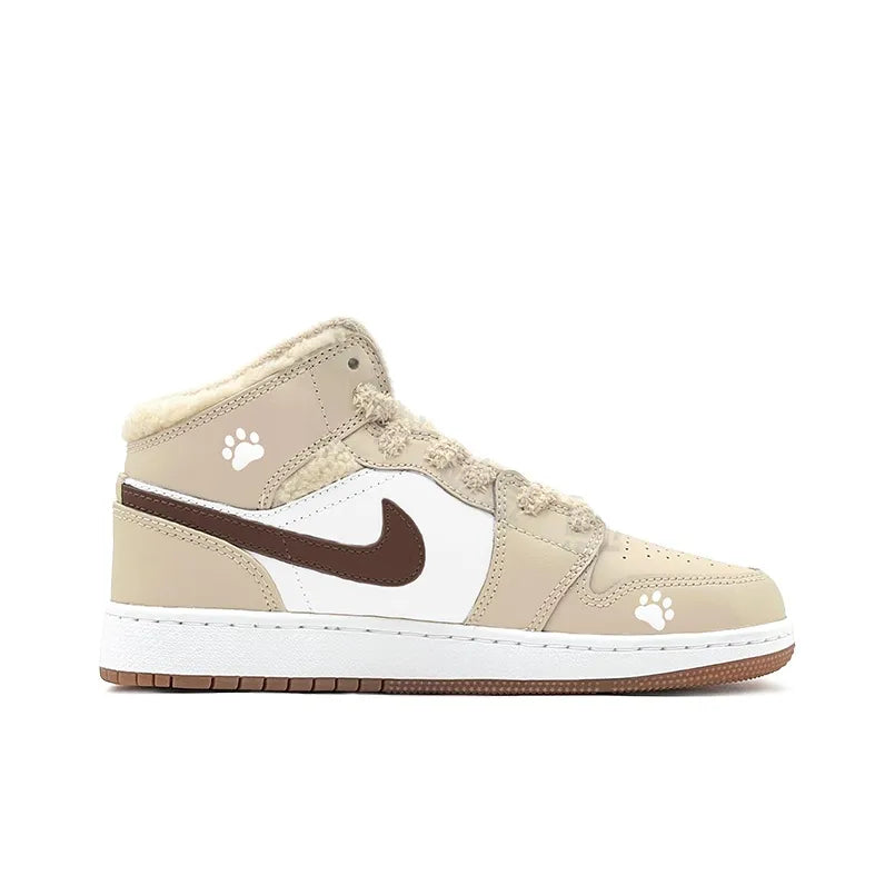 [Custom Warm Winter - Bear Cub Footprints] Jordan Air Jordan 1 High Top Female Skateboarding Shoes Khaki Color
