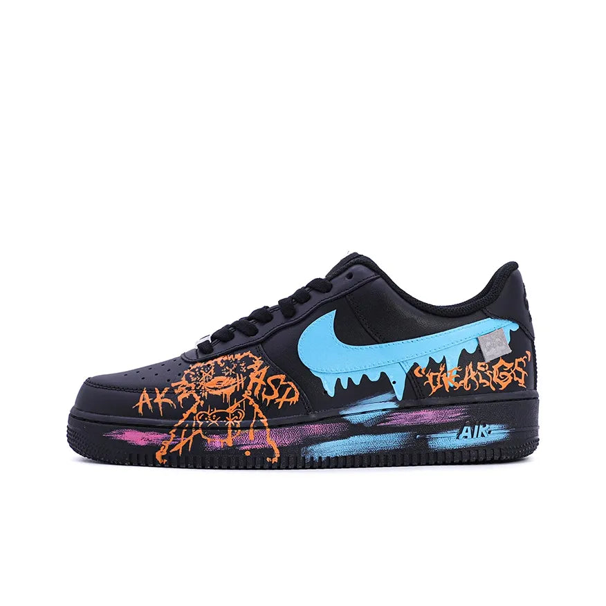 [Custom Bear Black Graffiti] Air Force 1 Skateboarding Shoes Unisex Low-top Blue