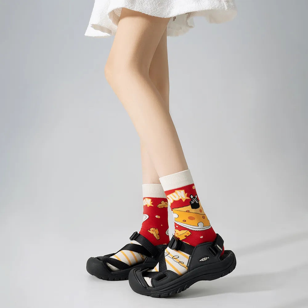 Cute Era - Oil Painting Trend Cartoon Design Sense Boneless Mid-Calf Socks Men And Women Alike 5 Pairs