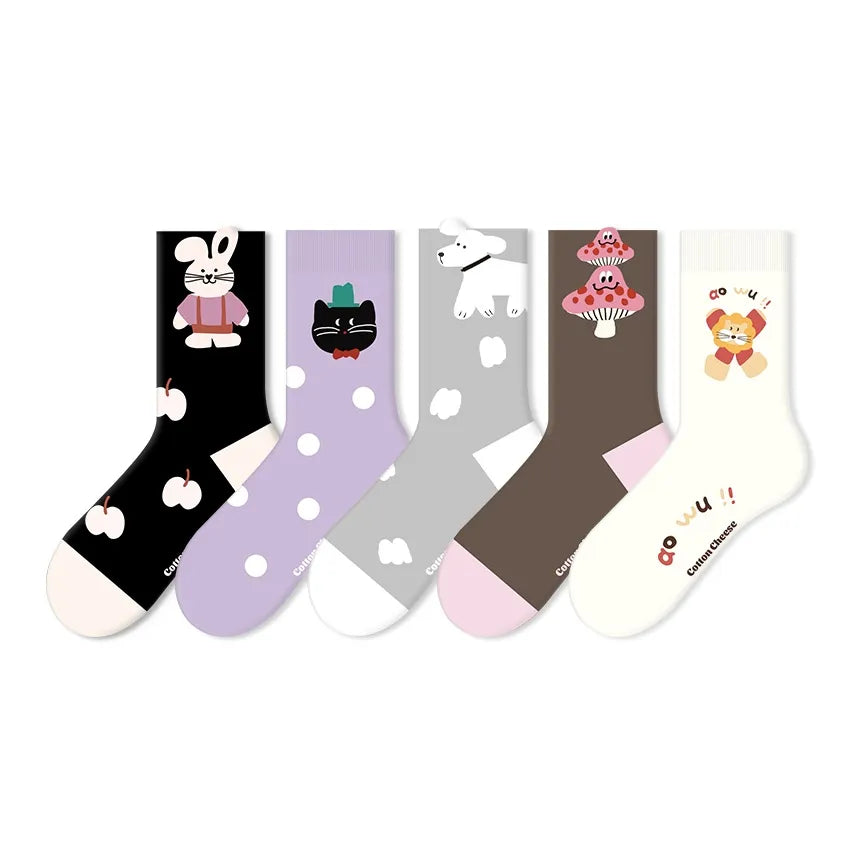 Cute Cartoon Moisture Transferring & Sweat Transferring Comfortable & Breathable Mid Calf Socks 5 Pairs