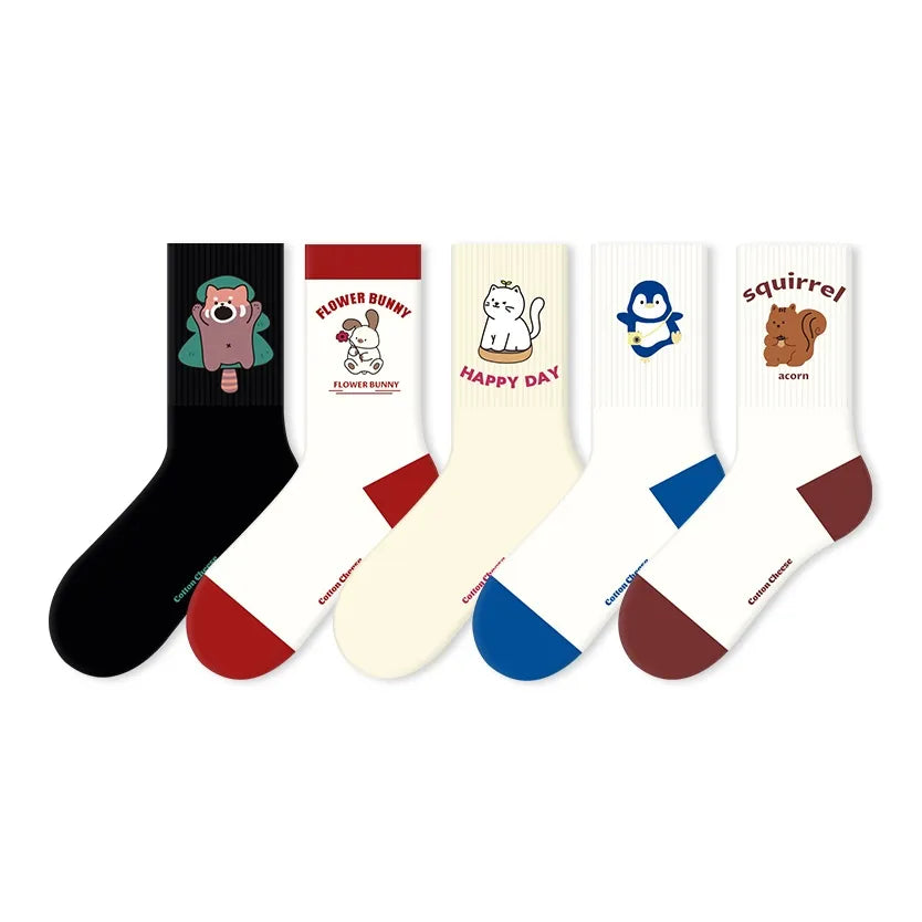 Cute Cartoon Anti-Pilling, Breathable And Comfortable Mid-Calf Socks 5-Pair Set(Size 36-42)
