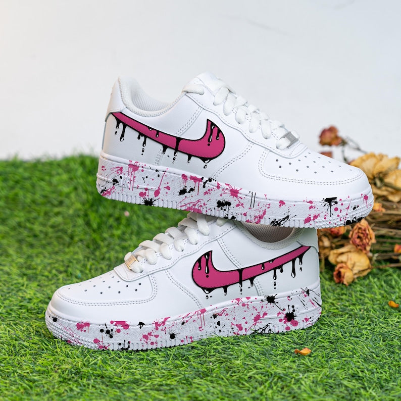 [Customized Black Drips] Air Force 1 Shoes Unisex Hand Painted/Splash Shoes Pink/Blue/Red/Purple