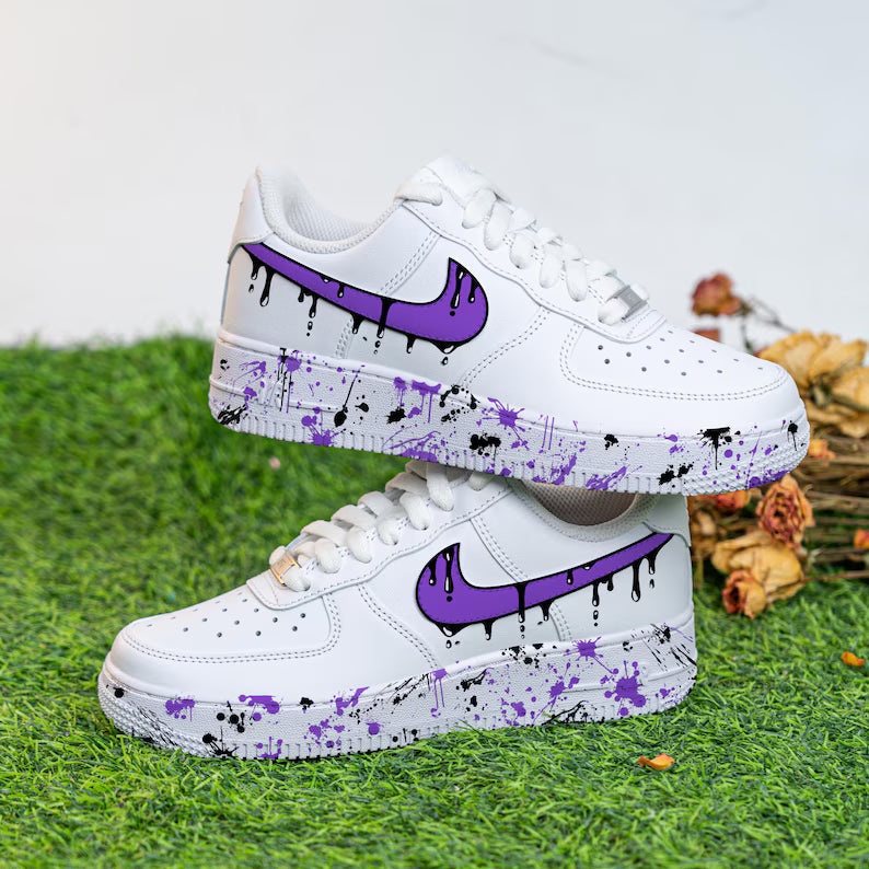 [Customized Black Drips] Air Force 1 Shoes Unisex Hand Painted/Splash Shoes Pink/Blue/Red/Purple