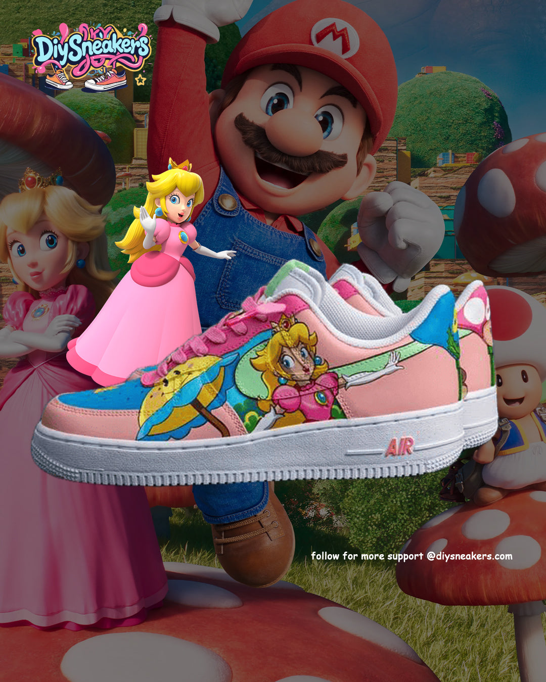 [Custom Mario & Princess Peach] Air Force 1 Skateboarding Shoes Unisex Low-top