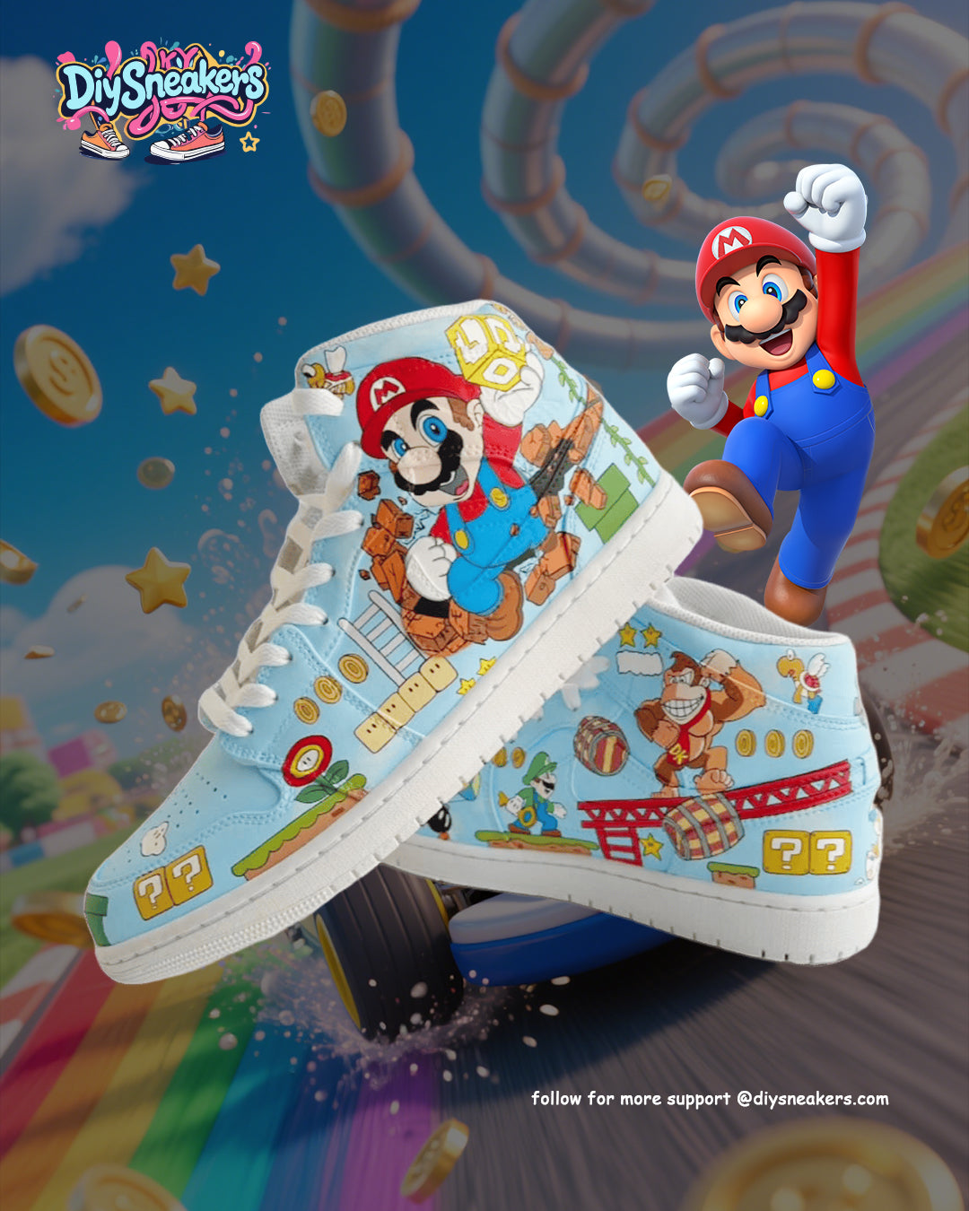 [Custom Mario - Funny Trip] Air Jordan 1 High Top Unisex Skateboarding Shoes