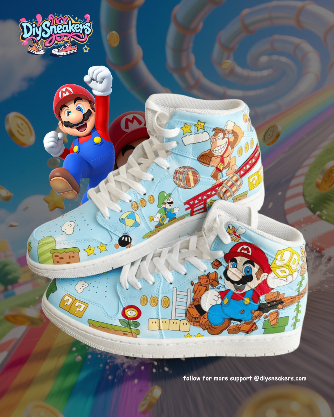 [Custom Mario - Funny Trip] Air Jordan 1 High Top Unisex Skateboarding Shoes