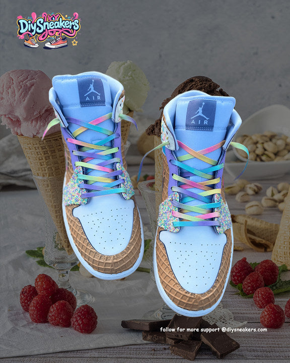 [Custom Rainbow Ice Cream] Air Jordan 1 High Top Unisex Skateboarding Shoes