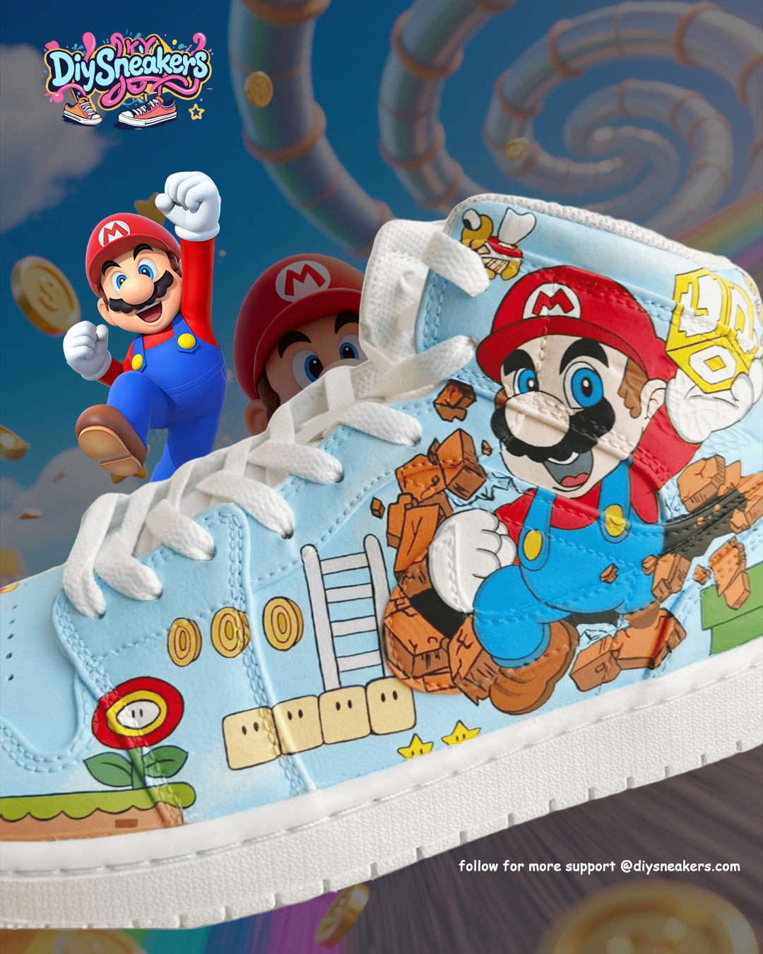 [Custom Mario - Funny Trip] Air Jordan 1 High Top Unisex Skateboarding Shoes