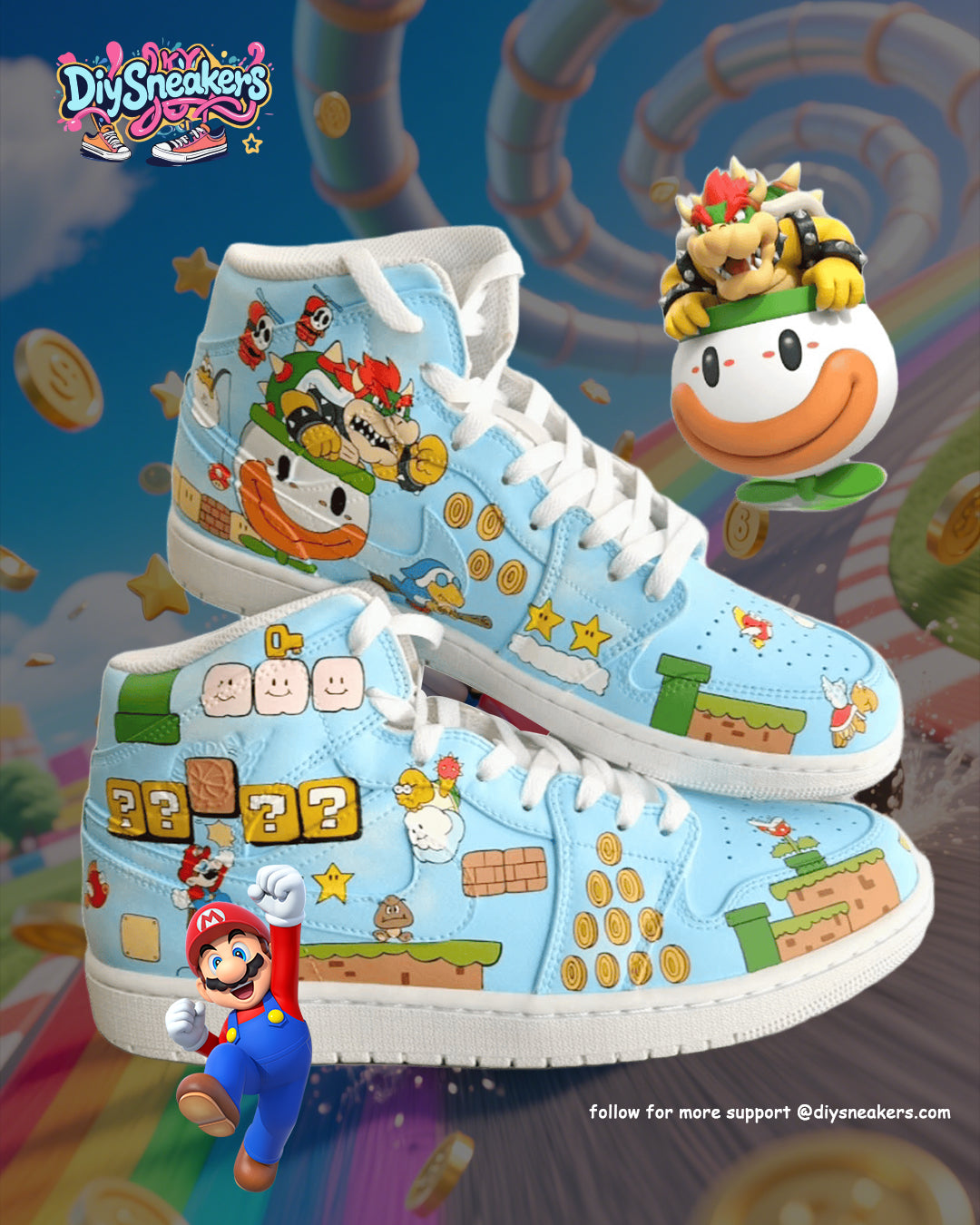 [Custom Mario - Funny Trip] Air Jordan 1 High Top Unisex Skateboarding Shoes