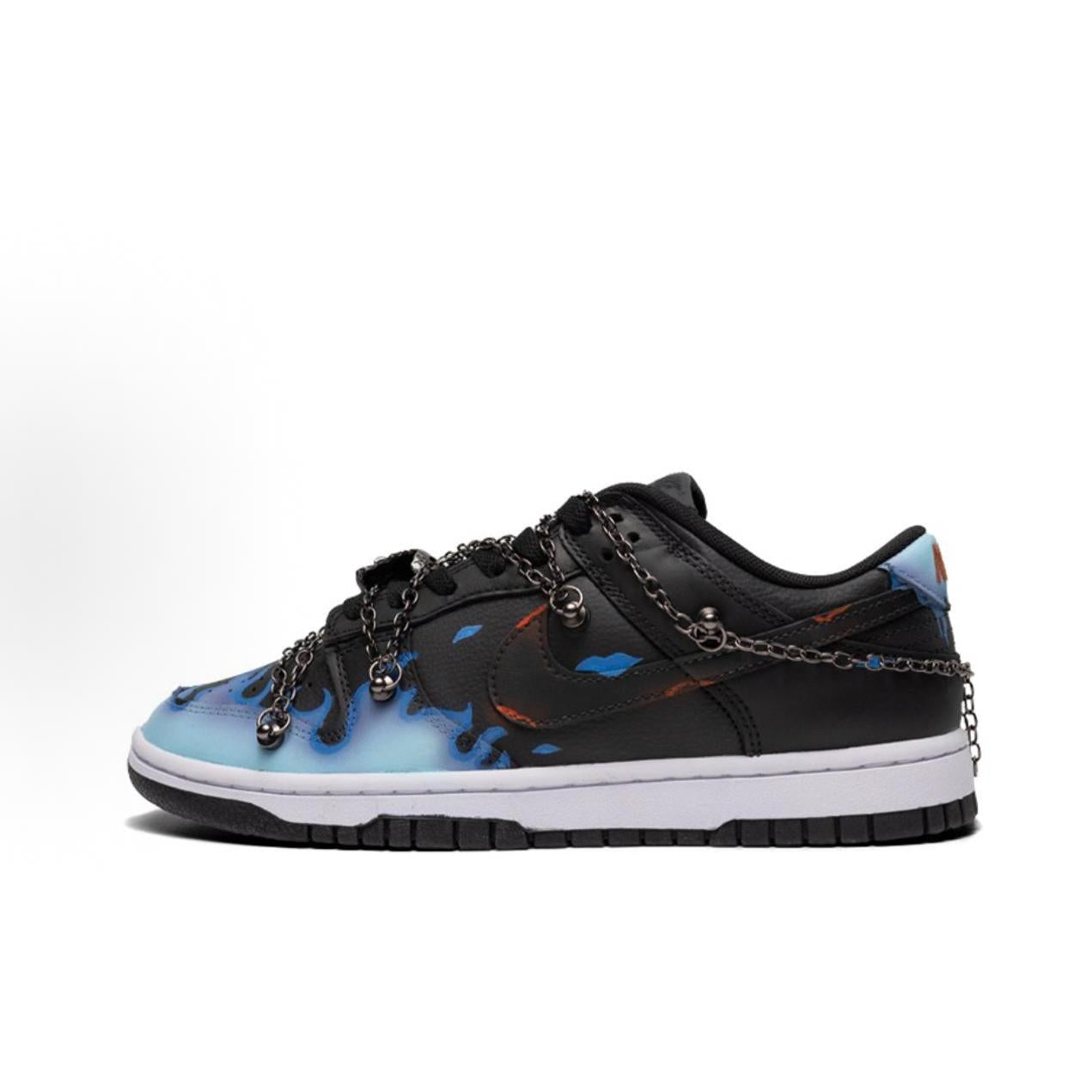 [Custom Blue Flame] Dunk Skateboarding Shoes Unisex Black