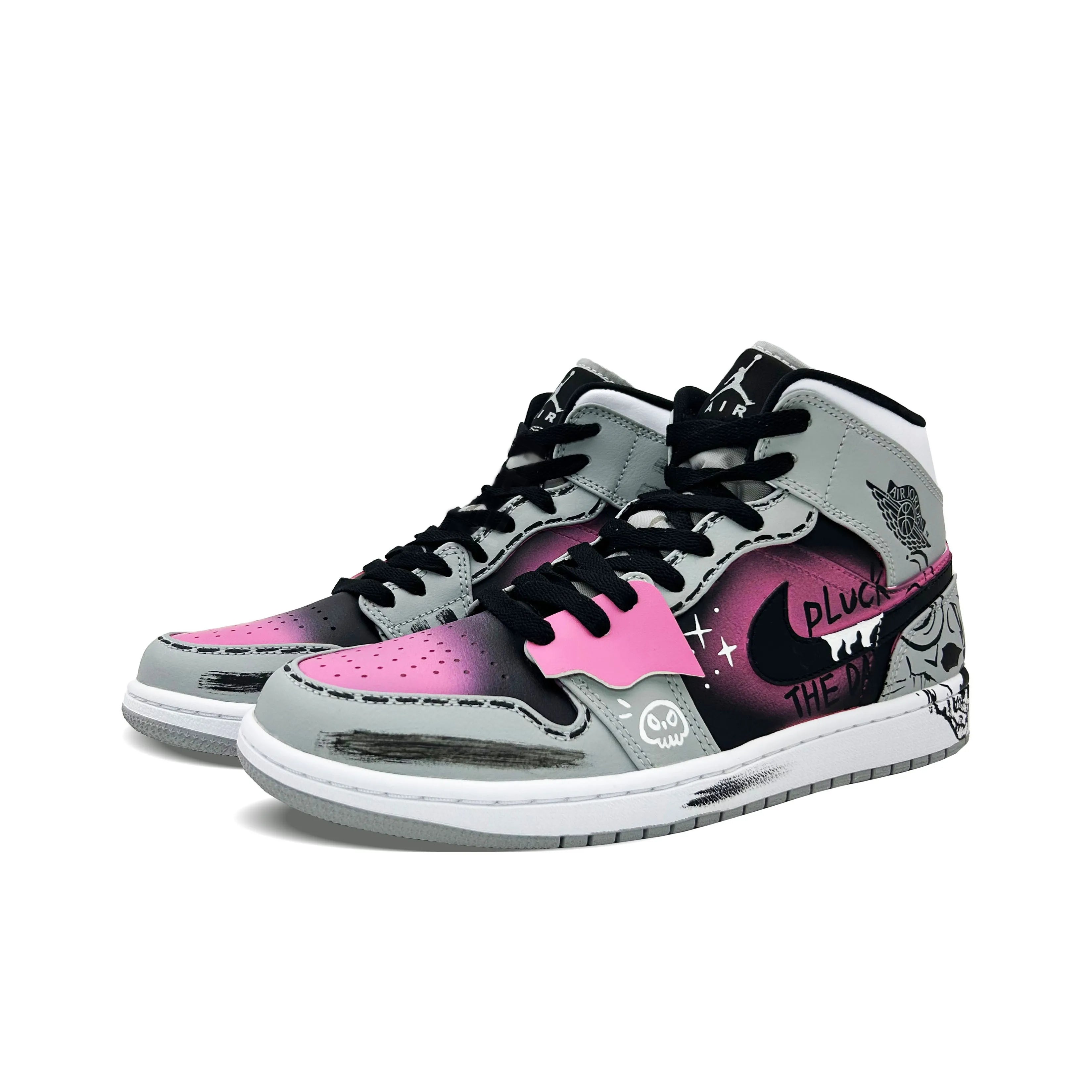 [Custom Shadow of the Night] Air Jordan 1 High Top Unisex Skateboarding Shoes Gray/Pink