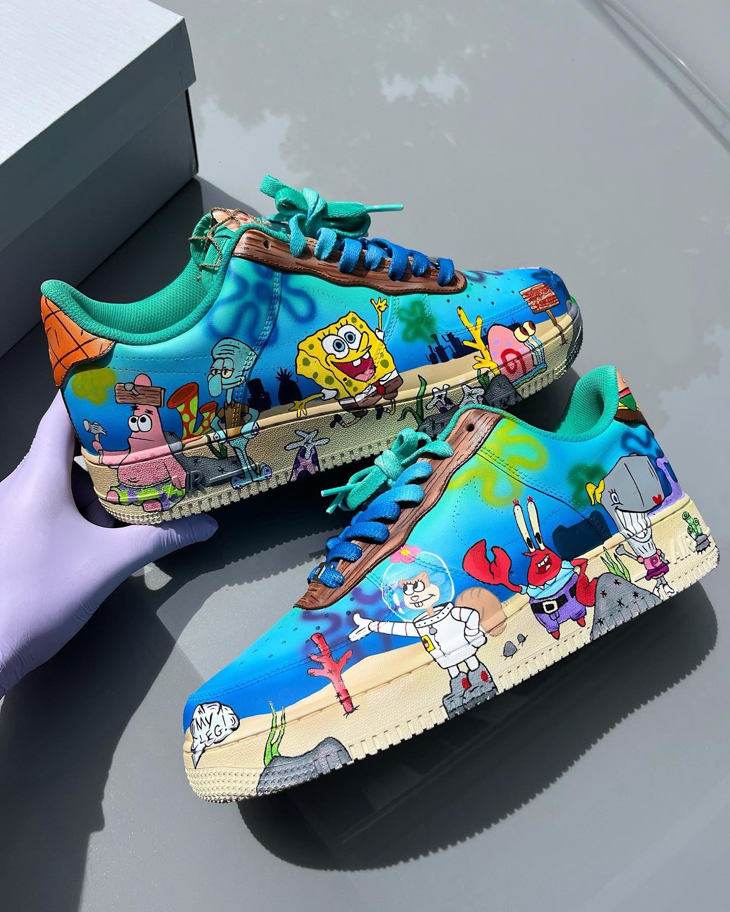 [Customized SpongeBob SquarePants/Bikini Bottom] Air Force 1 Shoes Unisex Blue/Hand-painted