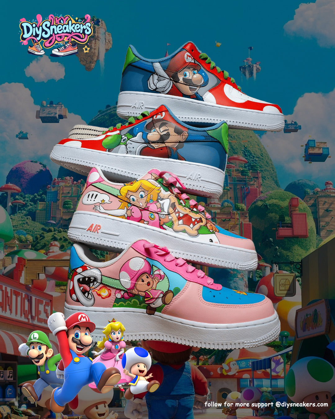 [Custom Mario & Princess Peach] Air Force 1 Skateboarding Shoes Unisex Low-top