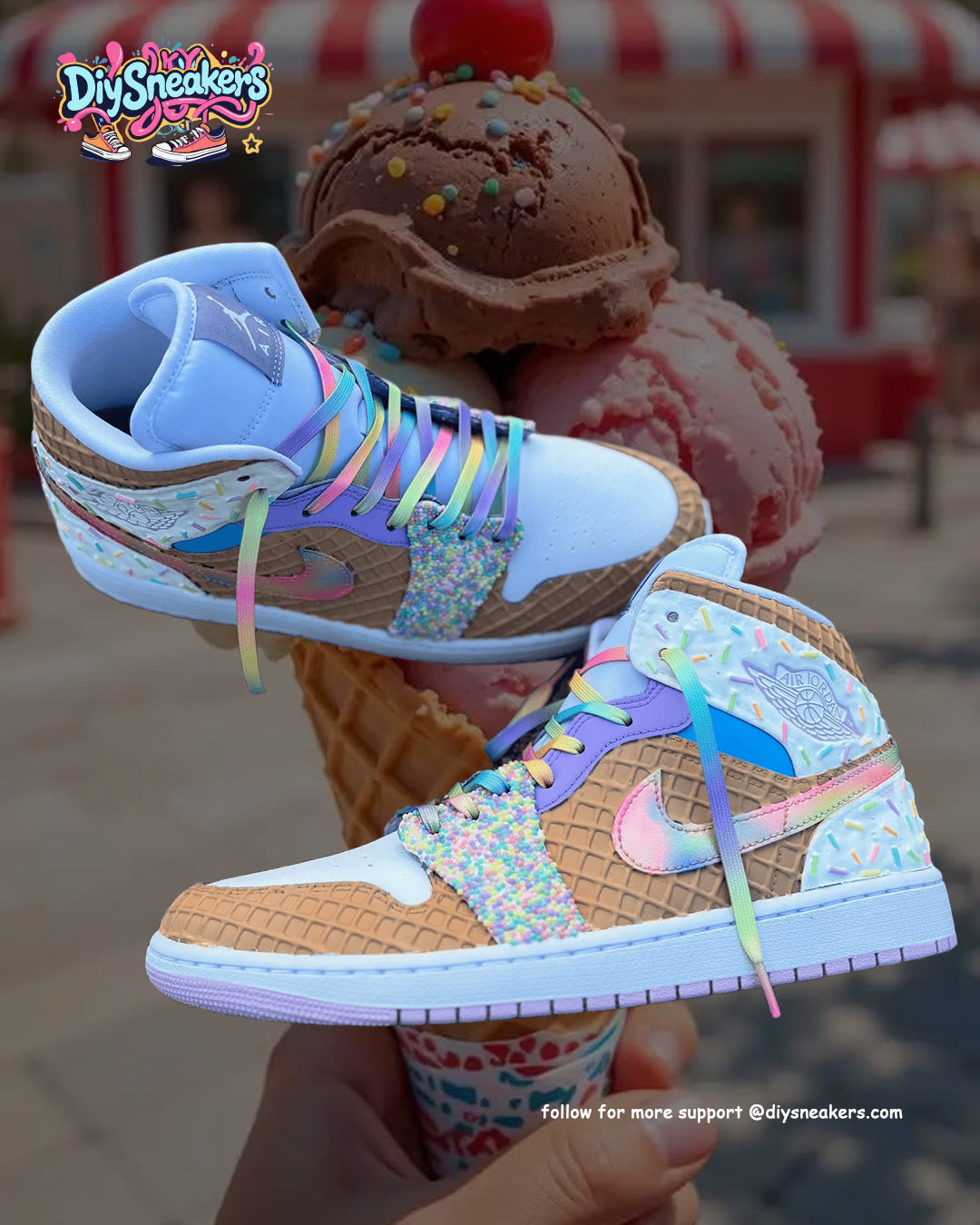 [Custom Rainbow Ice Cream] Air Jordan 1 High Top Unisex Skateboarding Shoes