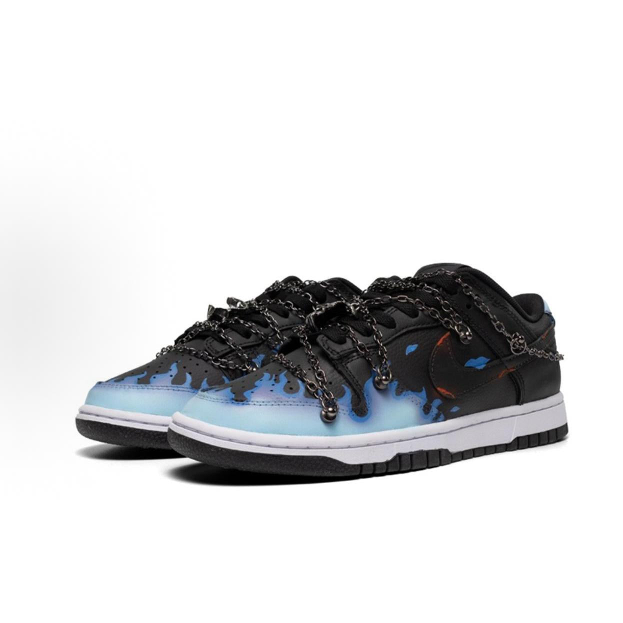 [Custom Blue Flame] Dunk Skateboarding Shoes Unisex Black