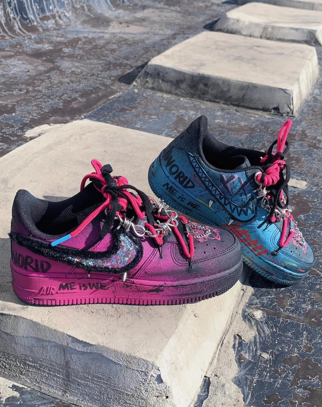 [Custom YON]  Air Force 1 Skateboard Shoes Unisex Low-Top Black/Pink Blue