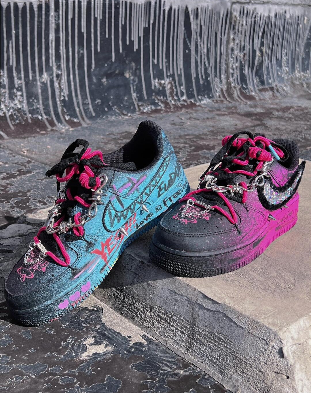 [Custom YON]  Air Force 1 Skateboard Shoes Unisex Low-Top Black/Pink Blue