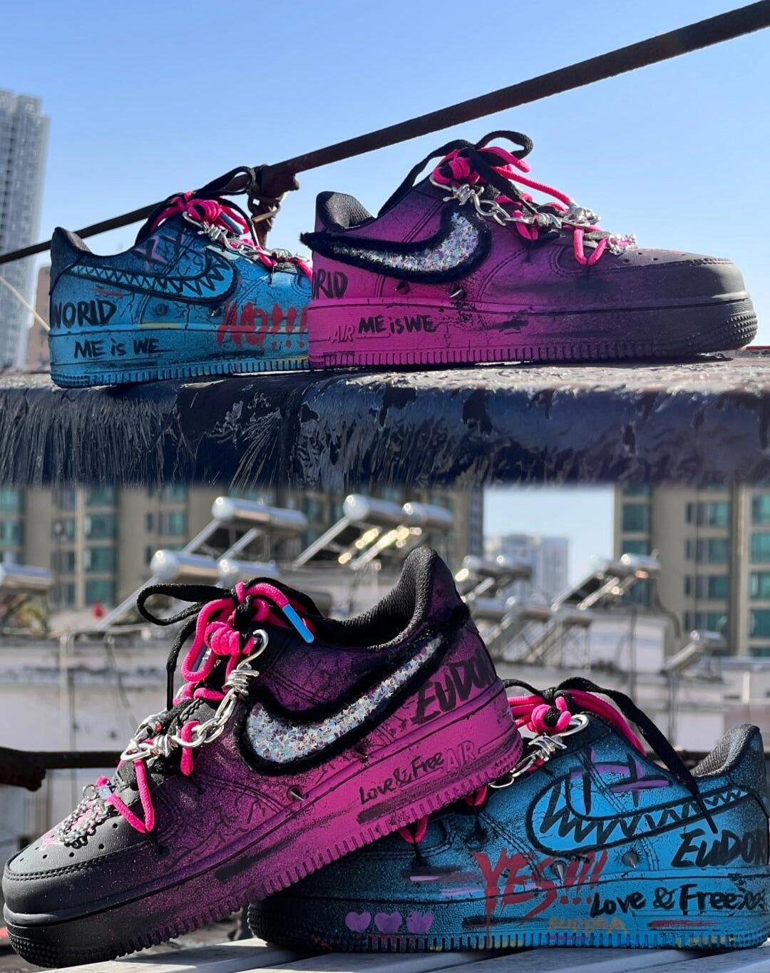 [Custom YON]  Air Force 1 Skateboard Shoes Unisex Low-Top Black/Pink Blue