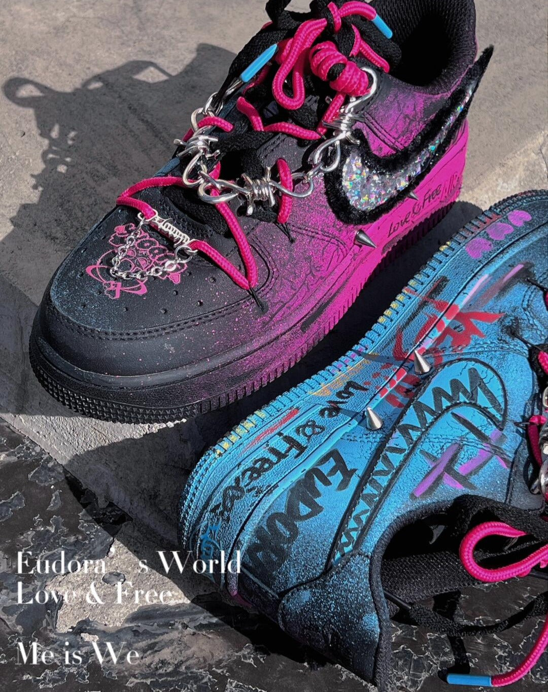 [Custom YON]  Air Force 1 Skateboard Shoes Unisex Low-Top Black/Pink Blue