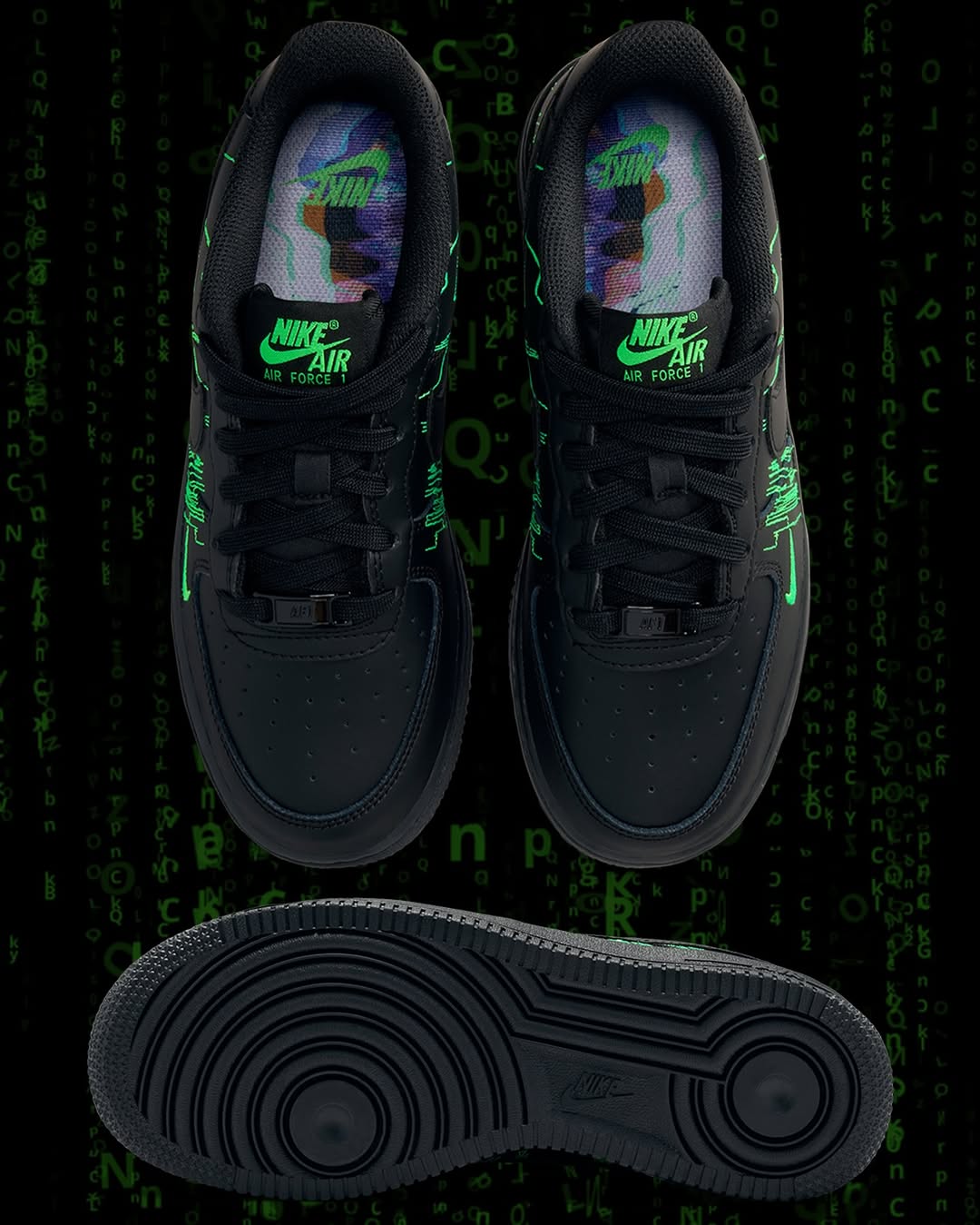 【Custom “The Matrix” Black And Green】Air Force 1 Skateboarding Shoes Unisex